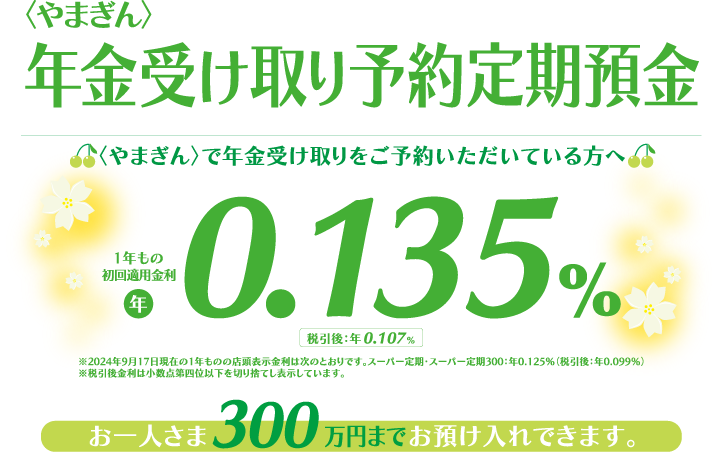 〈やまぎん〉で年金受け取りをご予約いただいてる方へ お一人さま300万円までお預け入れできます。適用金利 年0.03％（1年もの）